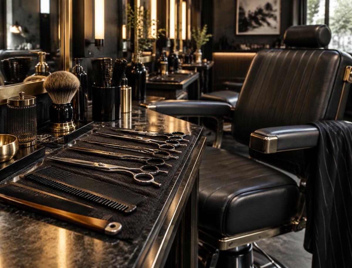Barber tools prepared beside a Dapper Lane chair