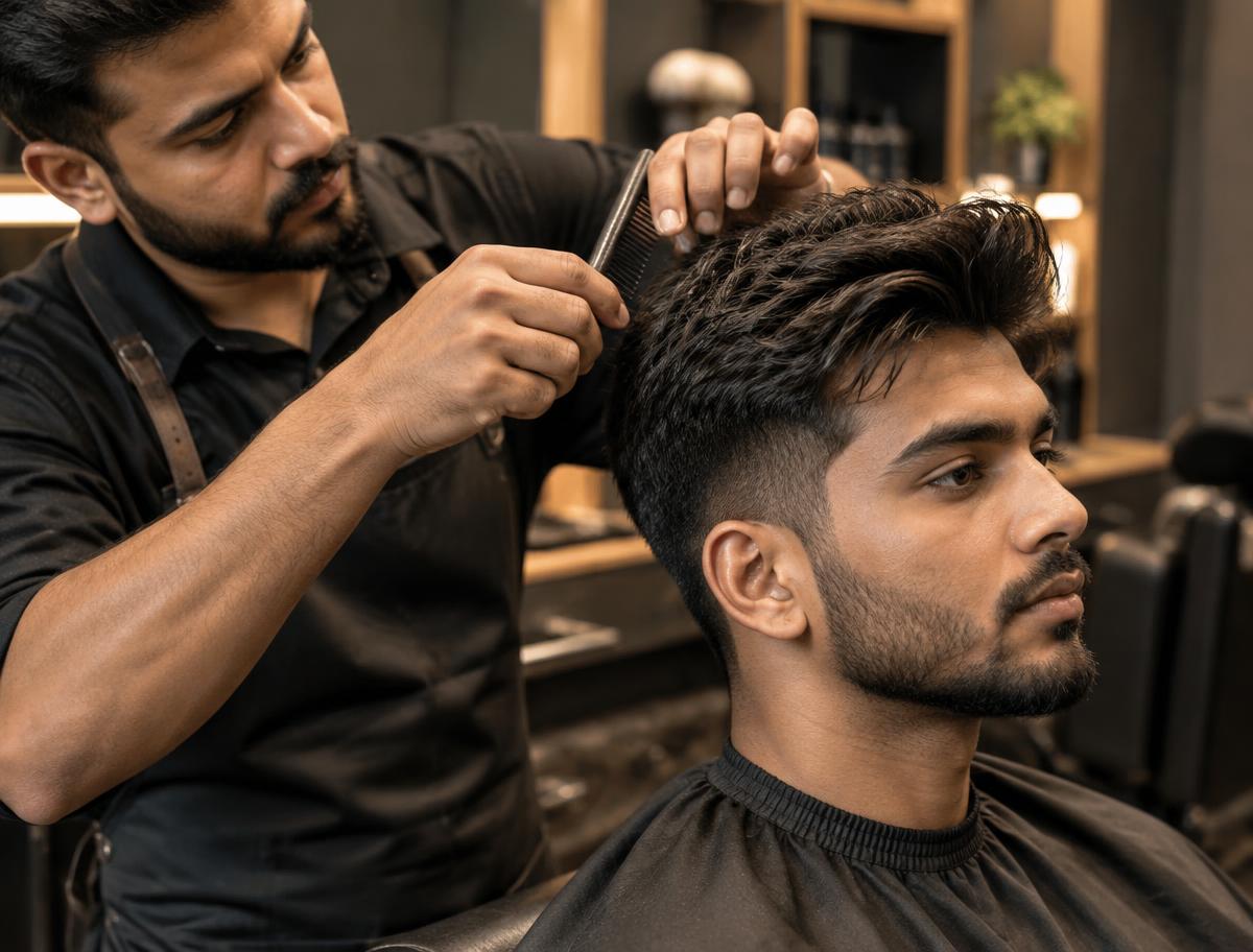 Modern textured hairstyle being finished