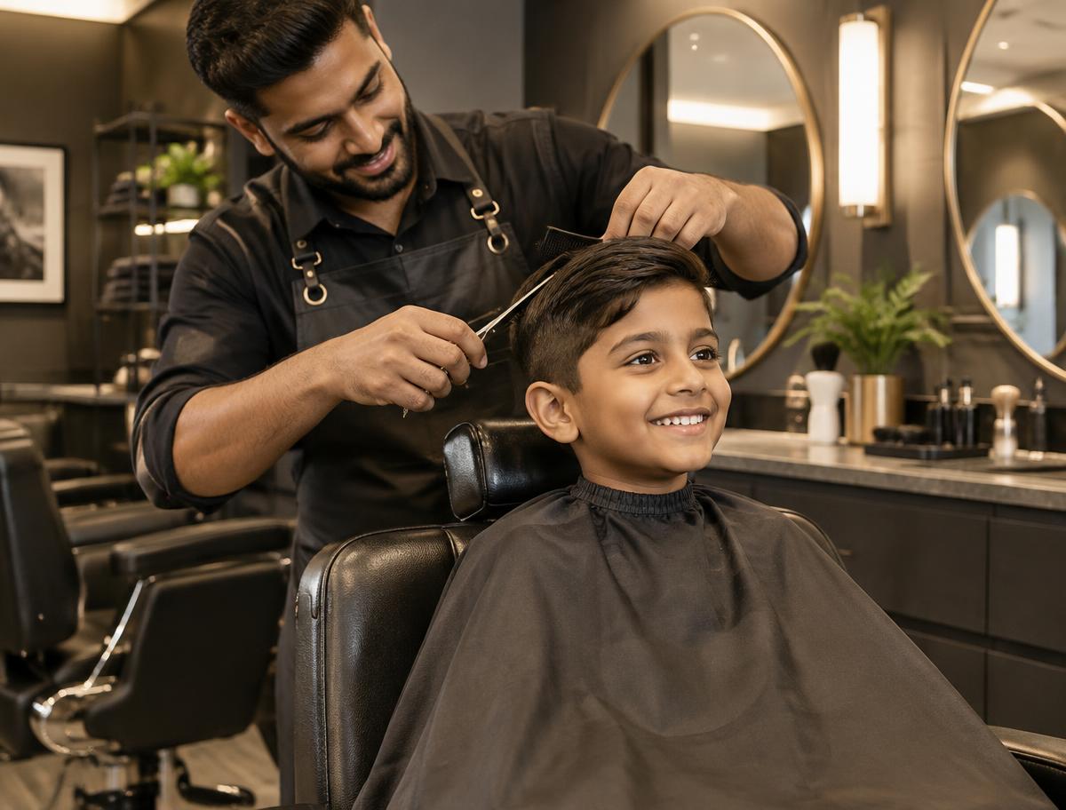 A child enjoying a professional haircut